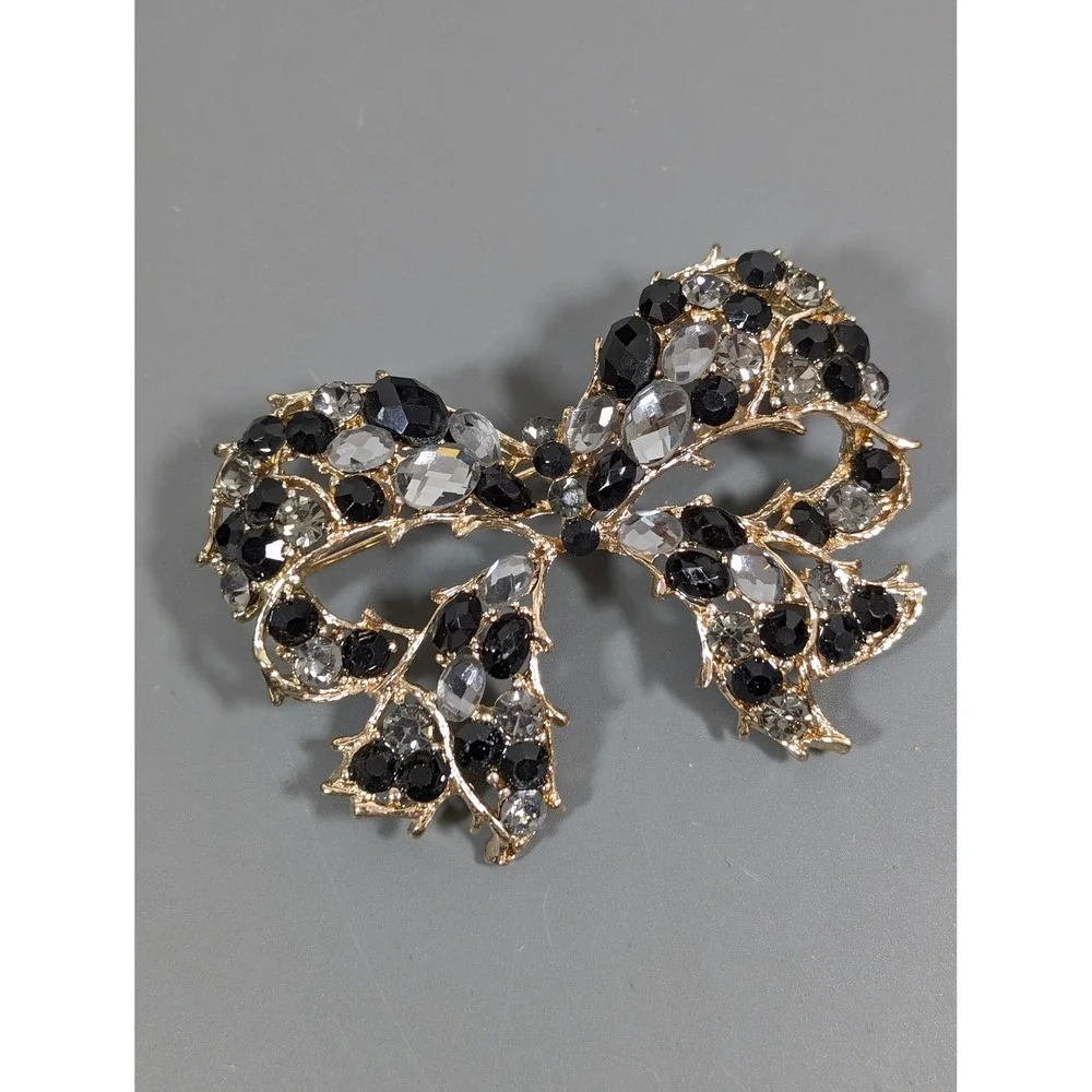 Large Gold Tone‎ Black Gray Rhinestone Bow Brooch Statement Ribbon Pin